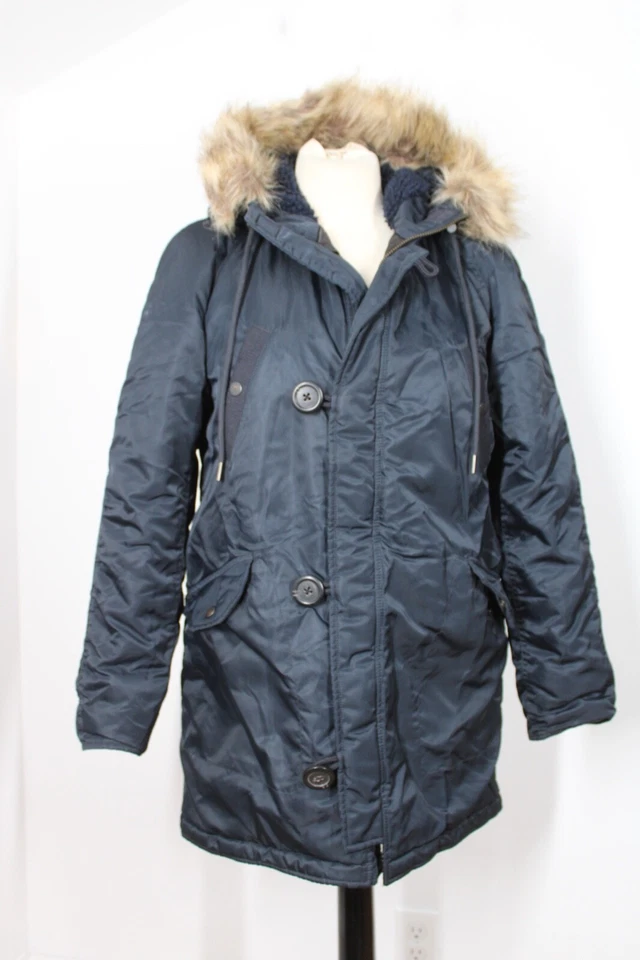 J Crew SP Blue Military Parka Faux Fur Sherpa Hood 09012 - Image 1 of 4