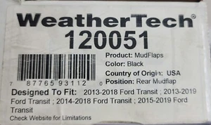 2015-2024 Ford Transit WeatherTech Rear Mud Flaps 120051 Pair Wheel New 1C6 - Foto 1 di 3