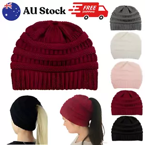 Women's Girls Ponytail Hat Winter Knitted Wool Beanie Cap Stretch Headwear Warm - Picture 1 of 31