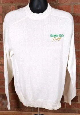 Quaker State Racing White Isle Of Cotton 80s Sweater Mens Large USA Vintage  - Image 1 of 4