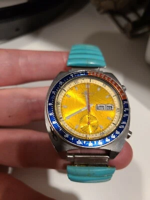Seiko  POGUE   6139 6002 chrono, stainless steel, gorgeous turquoise band  Japan - Image 1 of 4