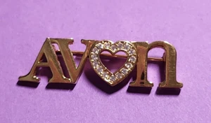 Vintage AVON Logo Brooch Pin Heart Rhinestones Goldtone PC Award - Picture 1 of 4