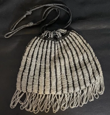 Antique Vintage 1920s Clear & Black BEADED FLAPPER DRAW STRING Purse Bag - Image 1 of 4