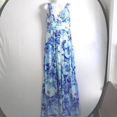 Maxi Vestido Lilly Pulitzer Sloane Mediano Azul Floral Sin Mangas Cuello en V Cintura Acanalada Foto 1 de 4