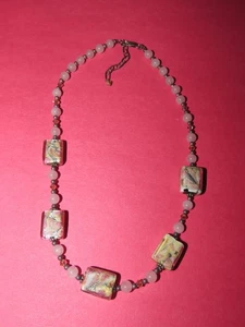 PINK ROSE QUARTZ ART GLASS STERLING BEADED NECKLACE 925 VINTAGE 17-18.5" Adj - Picture 1 of 3