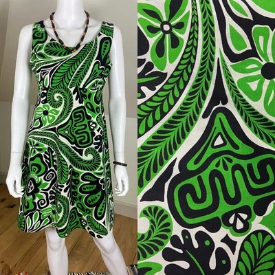 Vintage 60s 70s Miss Elaine Small Psychedelic Hawaiian Tribal Floral Mini Dress - Image 1 of 4