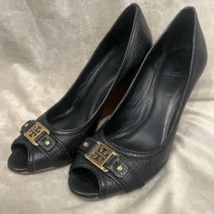 Tory Burch Emma Black Leather Open Toe High Cork Wedges Black Size 11 - Picture 1 of 12