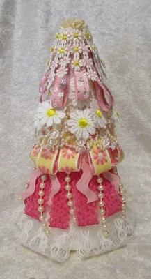 Ribbon Tree, Table or Shelf Decor, pink, white & yellow, Handmade OOAK Gift idea - Image 1 of 4