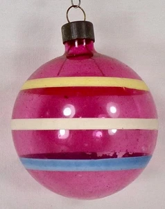 Christmas Ornament Pink Ball Unsilvered Blue White Yellow Stripes WWII #1170 - Picture 1 of 7