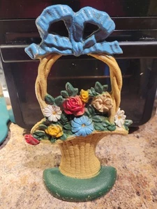 ANTIQUE 1930'S HUBLEY DOOR STOP FRENCH FLORAL BOUQUET IN WOVEN BASKET - Picture 1 of 5