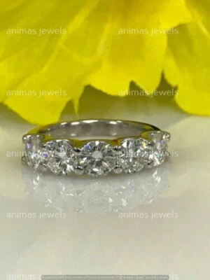 5-Stones Round Moissanite Anniversary Ring Band Real 925 Sterling Silver SZ 8 - Image 1 of 4