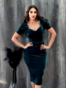 Vestido con cinturón manga corta talla única terciopelo verde (boda - fiesta) - Imagen 1 de 7