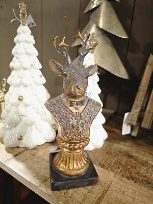 Clayre &Eef Deko Hirsch Kopf Skulptur braun Gold Weinachten Jagd Wald 10x8x25cm - Bild 1 von 2