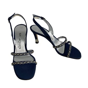St John Satin Crystal Mid Rise Sandal Heels Sz 5 B Italy Blue Shoes New 6289 - Picture 1 of 14