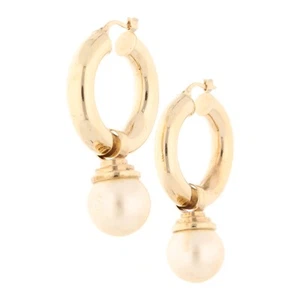 9Carat Yellow Gold Simulated Pearl Hoop Earrings (25x38mm) - Picture 1 of 3