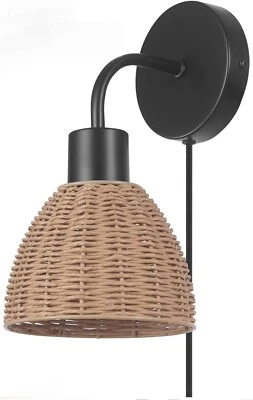 Globe Electric 1 Light Matte Black Plug in/Hardwire Wall Sconce Wicker Rattan - Image 1 of 4