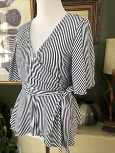 Ann Taylor Loft B&W Stripe Wing Sleeve Peplum Wrap Top XS - Picture 1 of 6
