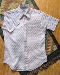 VINTAGE RETRO MEN'S 1970s 70s SHORT SLEEVED PATTERNED DAGGER COLLAR SHIRT L 42" - Picture 1 of 5
