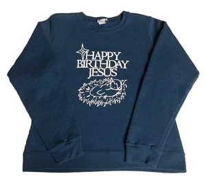 Vintage Happy Birthday Jesus Crewneck Sweater Size Small 90's VTG Navy Blue - Picture 1 of 6