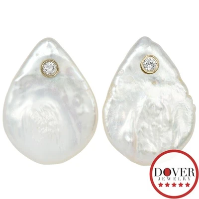 Aretes colgantes de lágrimas de oro blanco de 14 mm con perlas de diamantes Estate de 2,3 gramos sin precio base Foto 1 de 4