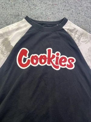 Camiseta Cookies Manga 3/4 Grande Estampado Tropical Logotipo Tragland Camisa Negra Roja Logo Foto 1 de 4