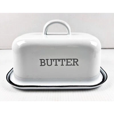 Фермерский дом эмалированная посуда покрытый масло блюдо белый черный отделка ретро стиль 1 фунт - Изображение 1 из 4