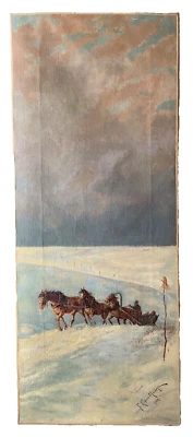 Paseo de la Troika en un paisaje nevado - Antiguo lienzo al óleo ruso c.1908 firmado Foto 1 de 4