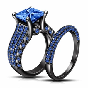 3.34 ct Blue Princess Diamond Bridal Set Black Silver Ring Lab Created Jewelry - Picture 1 of 4