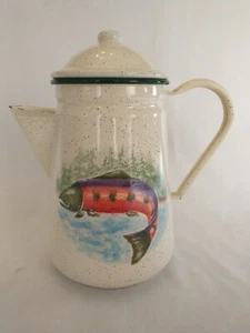 ENESCO GROUP 2003 Julie Ueland Enamel Salmon Fish Coffee Tea Pot Camping - Picture 1 of 10