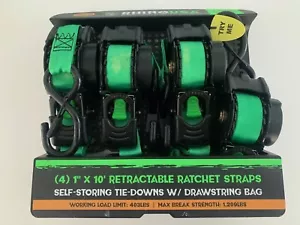 Rhino TD-RSRE1X10-GRN-R 4 Pack Green Retractable Ratchet Straps 1" Inch x 10' - Picture 1 of 3