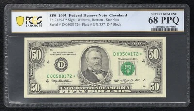 FR 2125-D* 1993 $50 *STAR* FRN CLEVELAND, OH PCGS BANKNOTE GEM UNC-68PPQ (B) - Image 1 of 2
