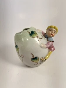 Vintage Cracked Egg Shaped Vase With Elf Figure Japan - Picture 1 of 12