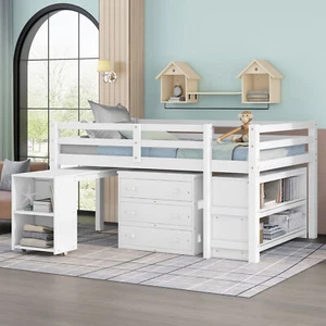 Wood Full Size Loft Bed with Cabinet Shelves Rolling Desk Functional Bed Frame - Picture 1 of 9