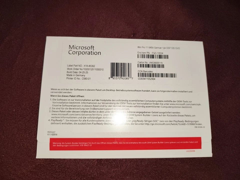 Microsoft Windows 11 Pro 64Bit Deutsch OEM COA Vollversion Lizenz + DVD KEY NEU - Bild 1 von 2