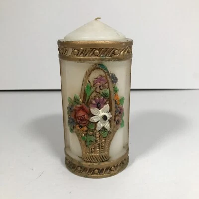 Purple Flower Basket Gold Trim Unscented Round White 6 Inch Tall Pillar Candle - Image 1 of 4