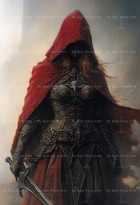 IMPRESIÓN ARTÍSTICA GUERRERO ROJO EN ARMADURA, póster gótico de mujer sexy, decoración de fantasía bruja - Imagen 1 de 2