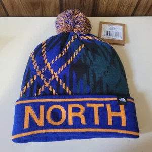 The North Face SkiTuke Pom Knit Beanie Hat Ponderosa Green Plaid Winter OS NWT - Picture 1 of 4
