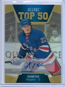 19-20 UD ALLURE TOP 50 ADAM FOX AUTO HOCKEY CARD 1:45 PACKS - Picture 1 of 2