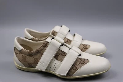 Zapatilla deportiva GUCCI Vintage años 90 blanca/marrón cuero/lona baja para mujer talla 36,5/US6,5 Foto 1 de 4