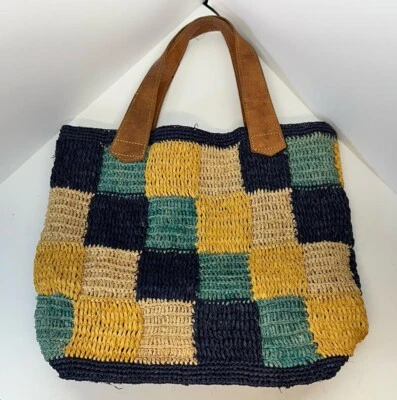 Mar Y Sol LN Teal/Cream Collins Sisal Tote Bag Leather Handles Beach Shopping - Image 1 of 4