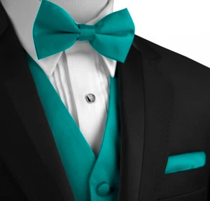 Men's Solid Satin Tuxedo Vest, Bow-Tie & Hankie. Formal, Casual Wedding, Prom - Picture 1 of 42