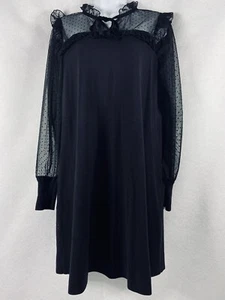 Loft Dress Women’s Medium Black Long Sheer Sleeve Shift Ruffle Neck New - Picture 1 of 12