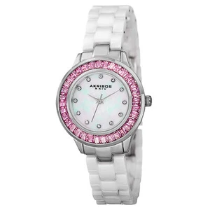 New Women's Akribos XXIV AK781WTP Quartz Pink Crystal Bezel White Ceramic Watch - Picture 1 of 4