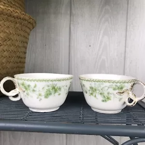 Antike Charles Field Haviland Limoges Grün Blumen Gold Detail Teetassen Frankreich - Bild 1 von 9