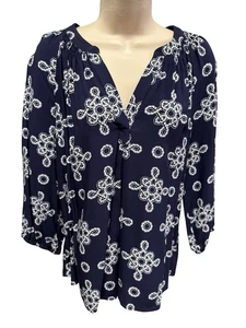 Crown & Ivy Navy Peasant Rope Print 3/4 Sleeve Top Women’s Petite Medium NWT - Picture 1 of 7