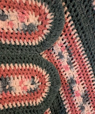 Handmade Knit Crochet Afghan Full Sz Spread Grandma Cottage Sage Green Rose Pink - Image 1 of 4