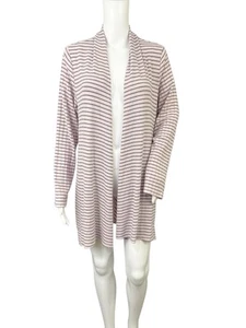 Chico's Zenergy Cardigan Sweater 1 Medium Pink Gray Striped Plush Ribbed Knit - Picture 1 of 6