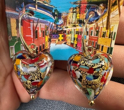 VENETIAN MURANO ITALIAN ART GLASS HEART DROP EARRINGS 18 CT GOLD PLATED FOIL NWT - Image 1 of 4
