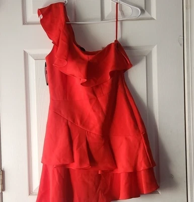 BCBG MAXAZRIA “Calinda” One Shoulder Ruffle Little Red Mini Dress (Size 2) - Image 1 of 4