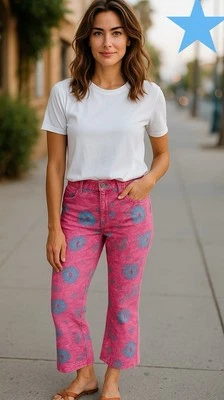 Escada Sport Women’s Kate Pink Blue Floral Jeans Kick Flare Crop Sz 38 US 8 M - Image 1 of 4